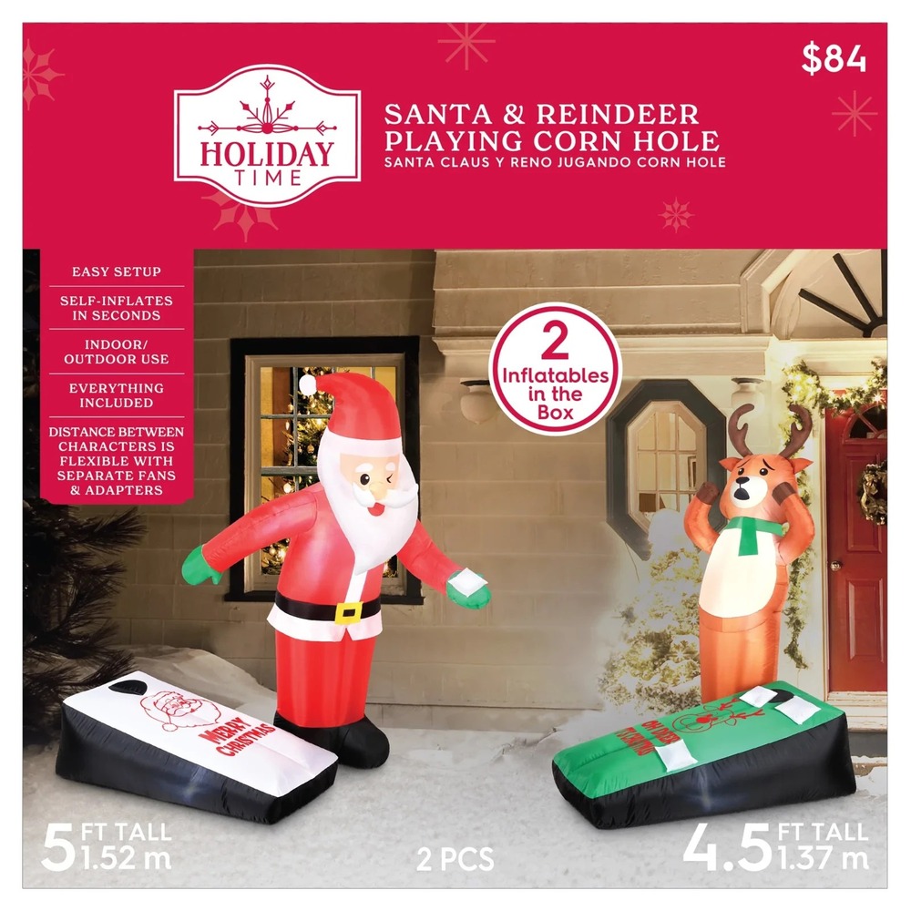 Holiday Time Santa & Reindeer Playing Cornhole Christmas Inflatable 5 Ft